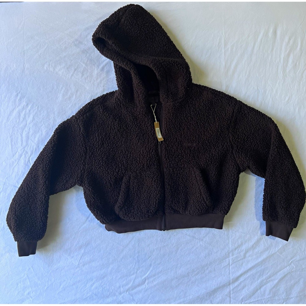 NWT SKIMS Teddy Zip Up Cropped Hoodie Espresso Brown Size S Small Fluffy Sherpa